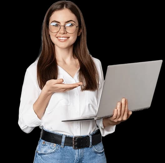 Portrait woman number holding laptop